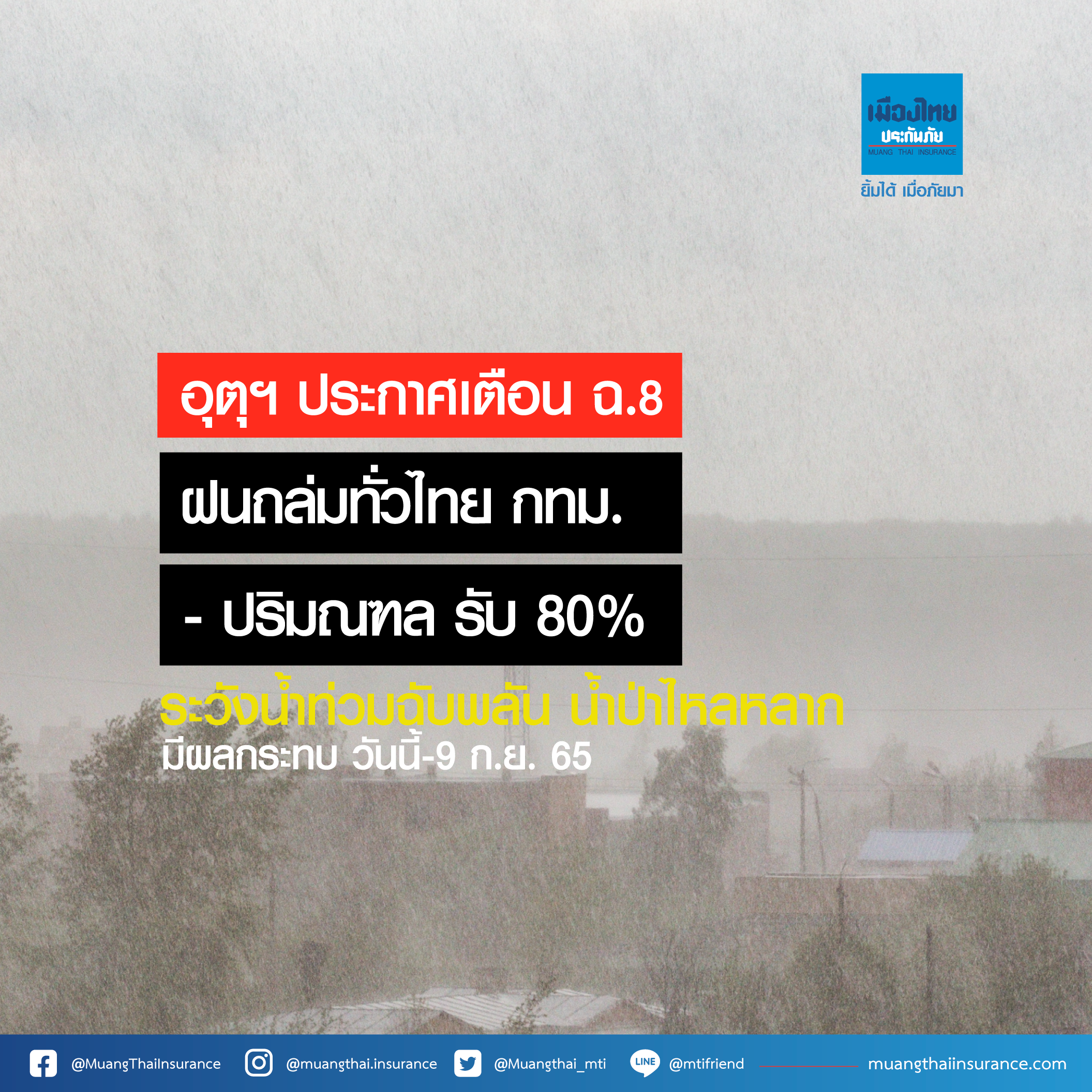อุตุฯ ประกาศเตือน ฉ.8 ฝนถล่มทั่วไทย กทม.-ปริมณฑล รับ 80% ระวังน้ำท่วมฉับพลัน น้ำป่าไหลหลาก (วันนี้-9 ก.ย.65)